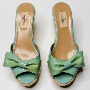 Valentino Pastel Mint Green Patent Leather Bow Espadrille Wedge Heel Sandal Shoe